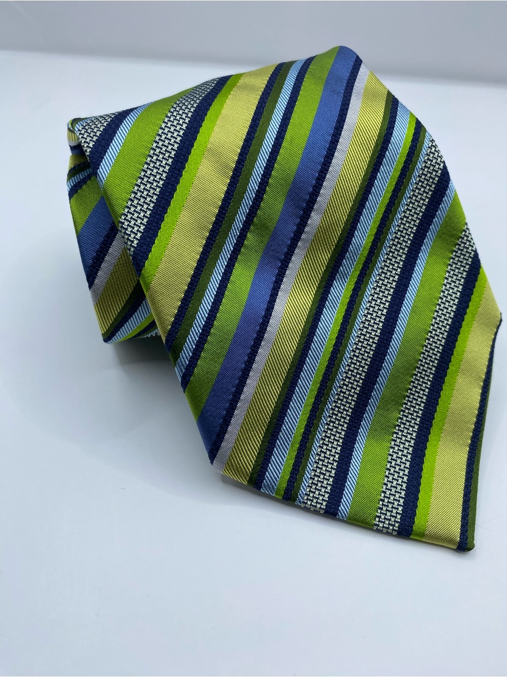 Etro Lime Green & Blue Diagonal Stripe Silk Tie